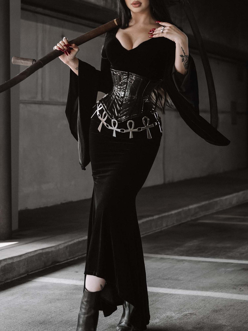 Gothic Dark V-Neck Black Velvet Dress