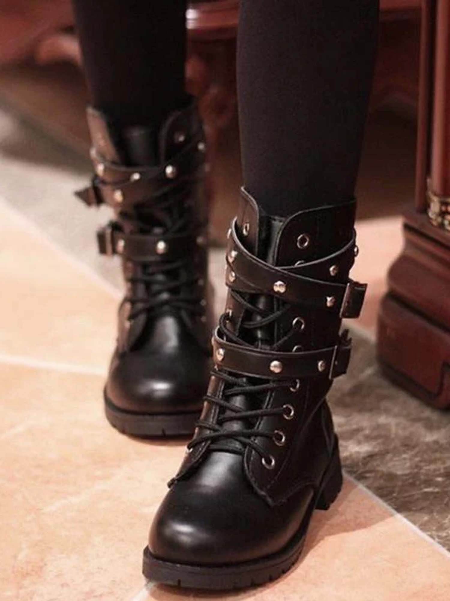 Women Motorcycle Boots Mid-Calf Lace Up Combat Boots With Studde