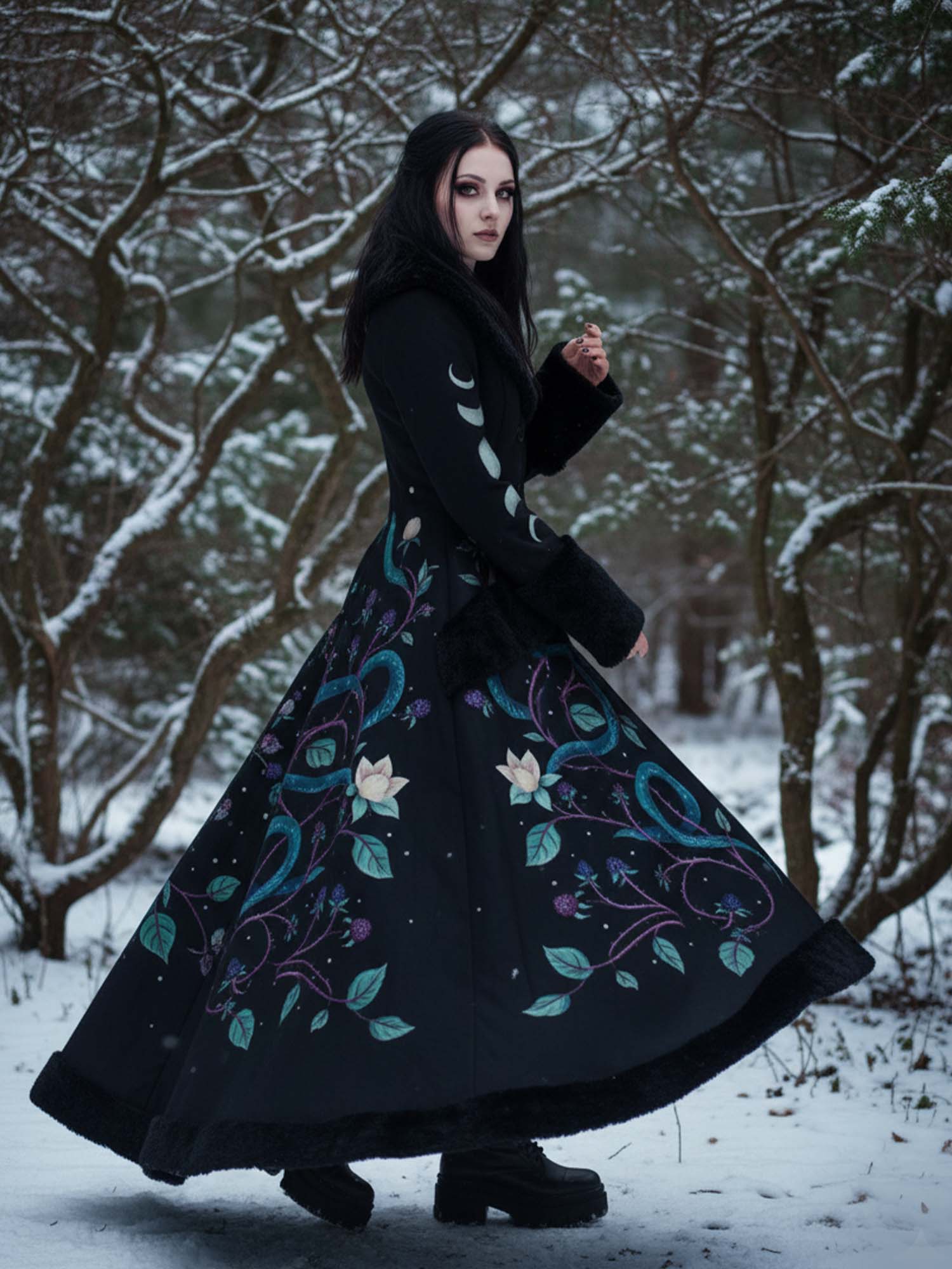 Vintage Snake And Moon Print Gothic Vintage Fur Collar Single-Breasted Lace-Up Coat