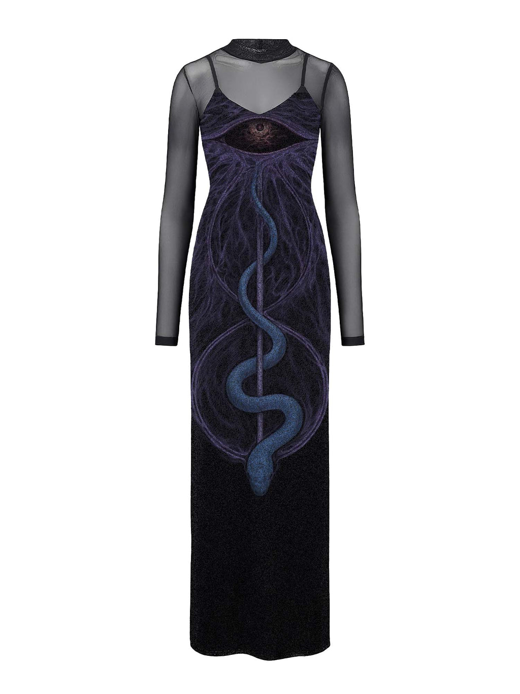 Maxikleid mit Schleier „The Third Eye And The Serpent Of Begehren“-Print