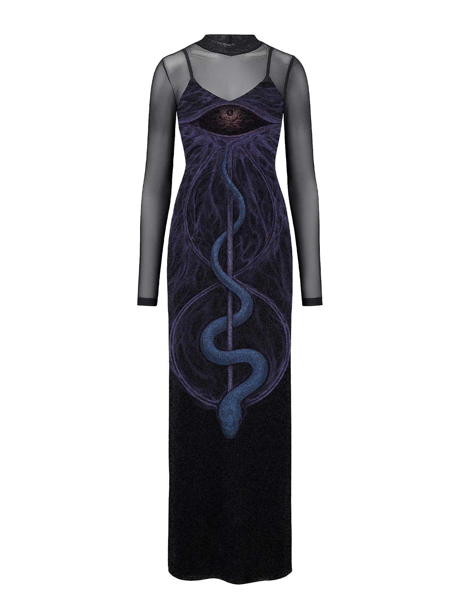 Maxikleid mit Schleier „The Third Eye And The Serpent Of Begehren“-Print
