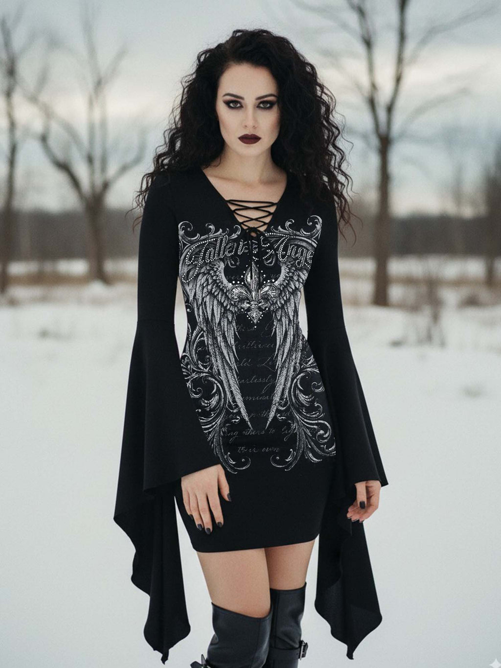 Fallen Angel Print Batwing Dress