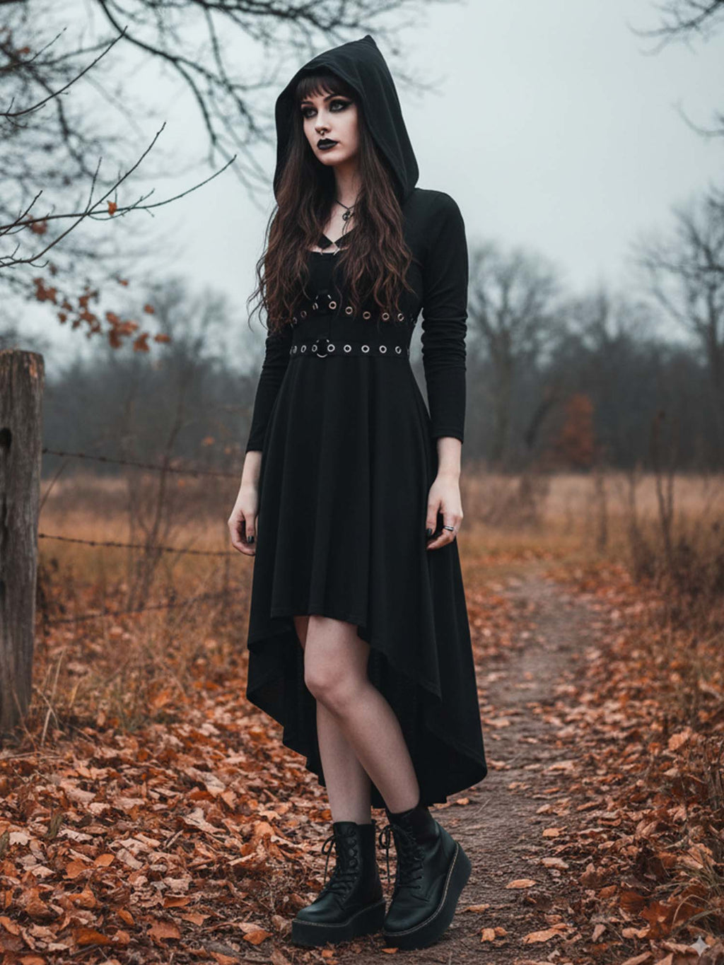 Dark Pointed Hat Eyelet Cross Strap Long Sleeve Dress