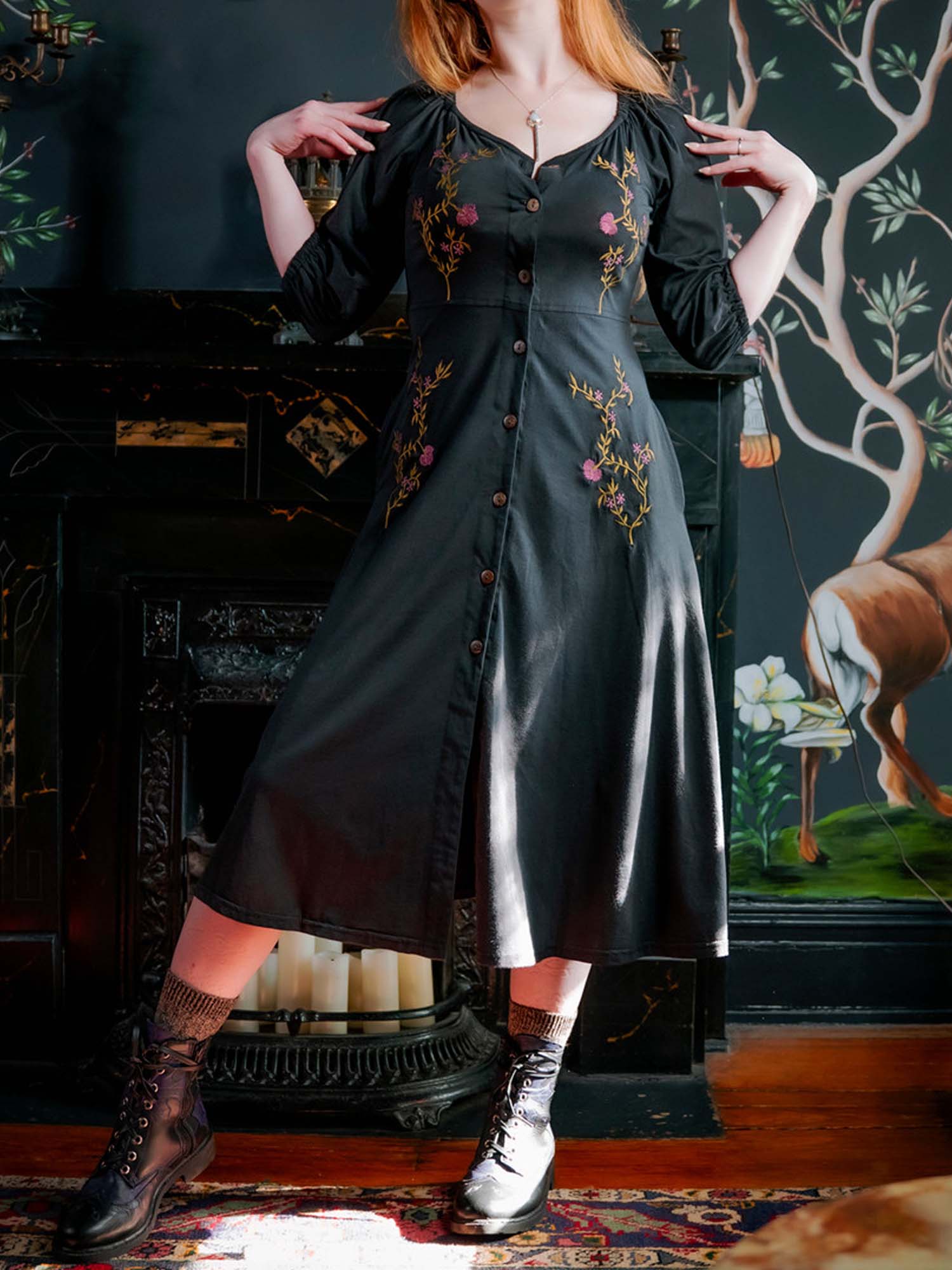 Mums Flower Vines With Mid-Length Sleeves V-Neck Dress