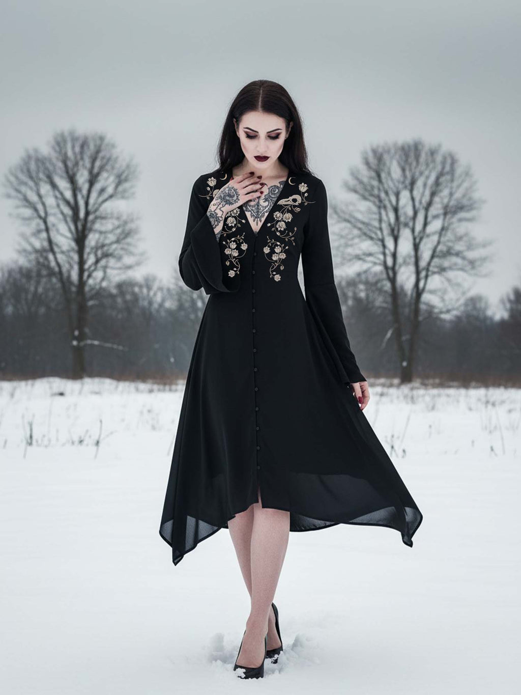 Crow Skull Print Midi Moonveil Dress