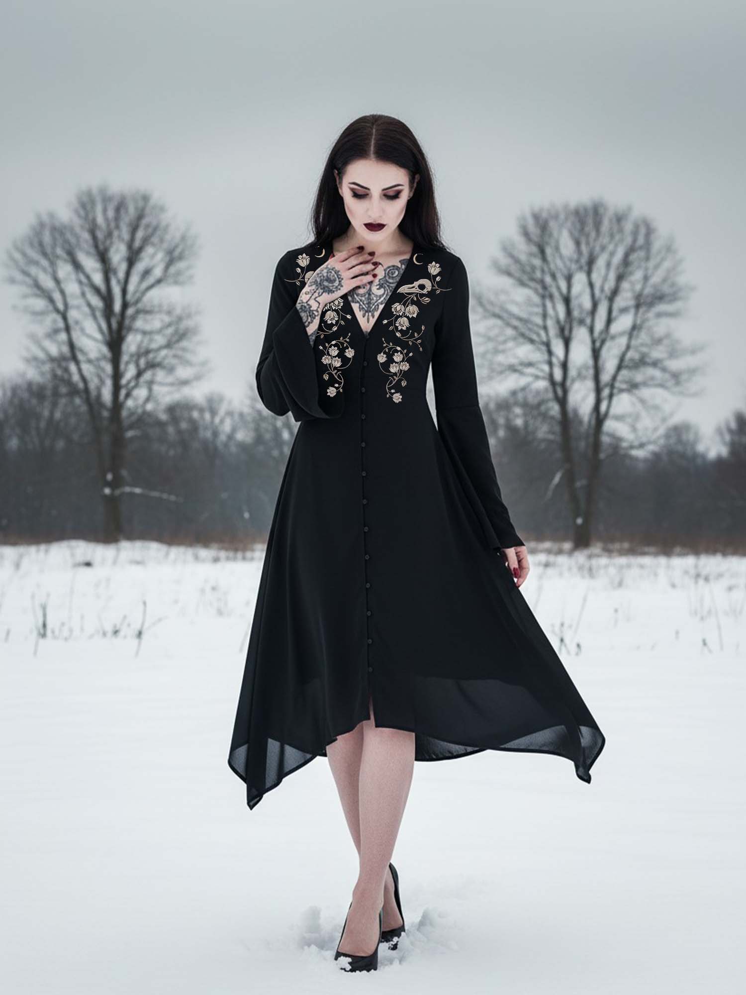 Crow Skull Print Midi Moonveil Dress