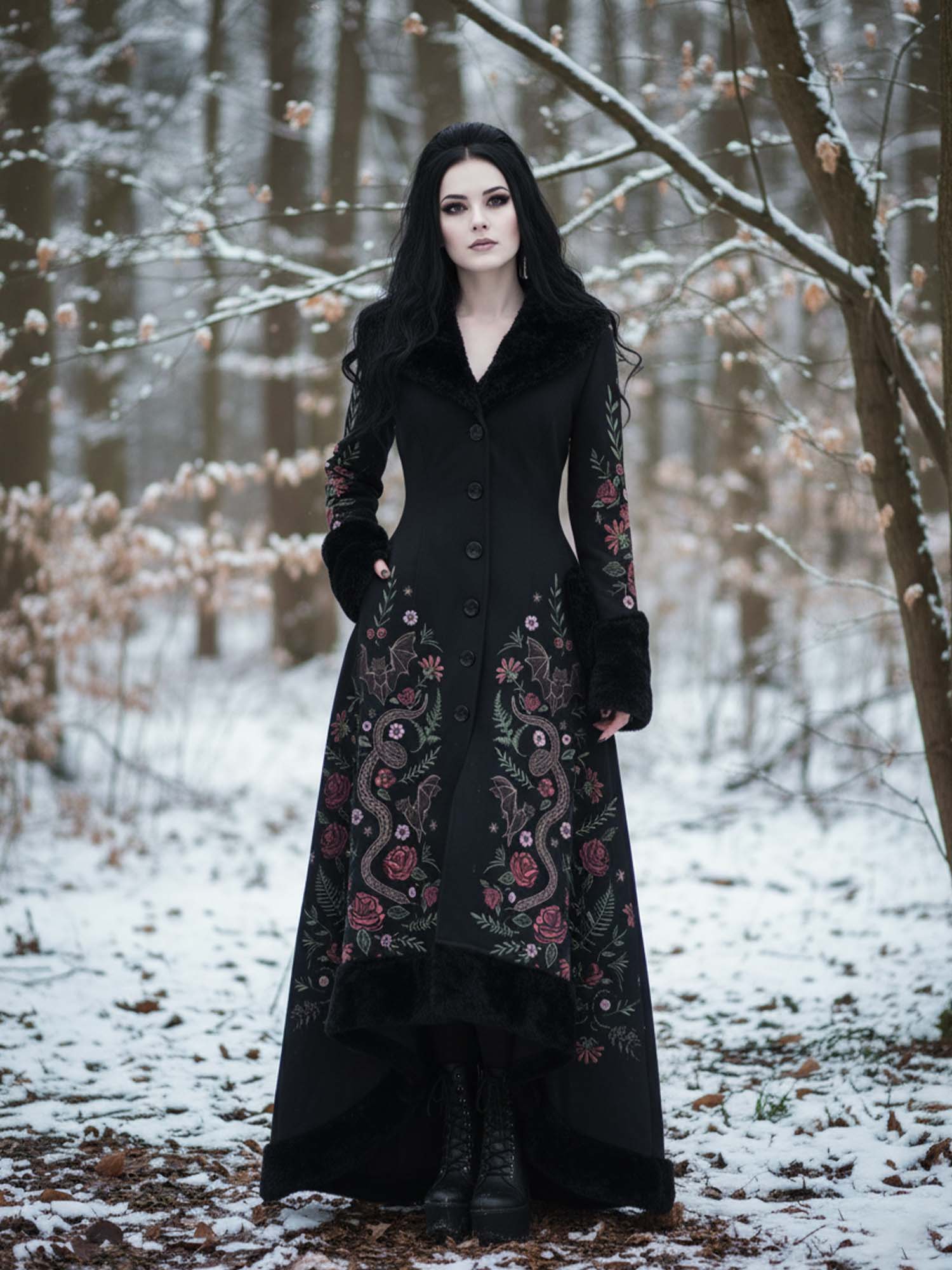 Floral And Snake Print Gothic Vintage Fur Collar Single-Breasted Lace-Up Coat