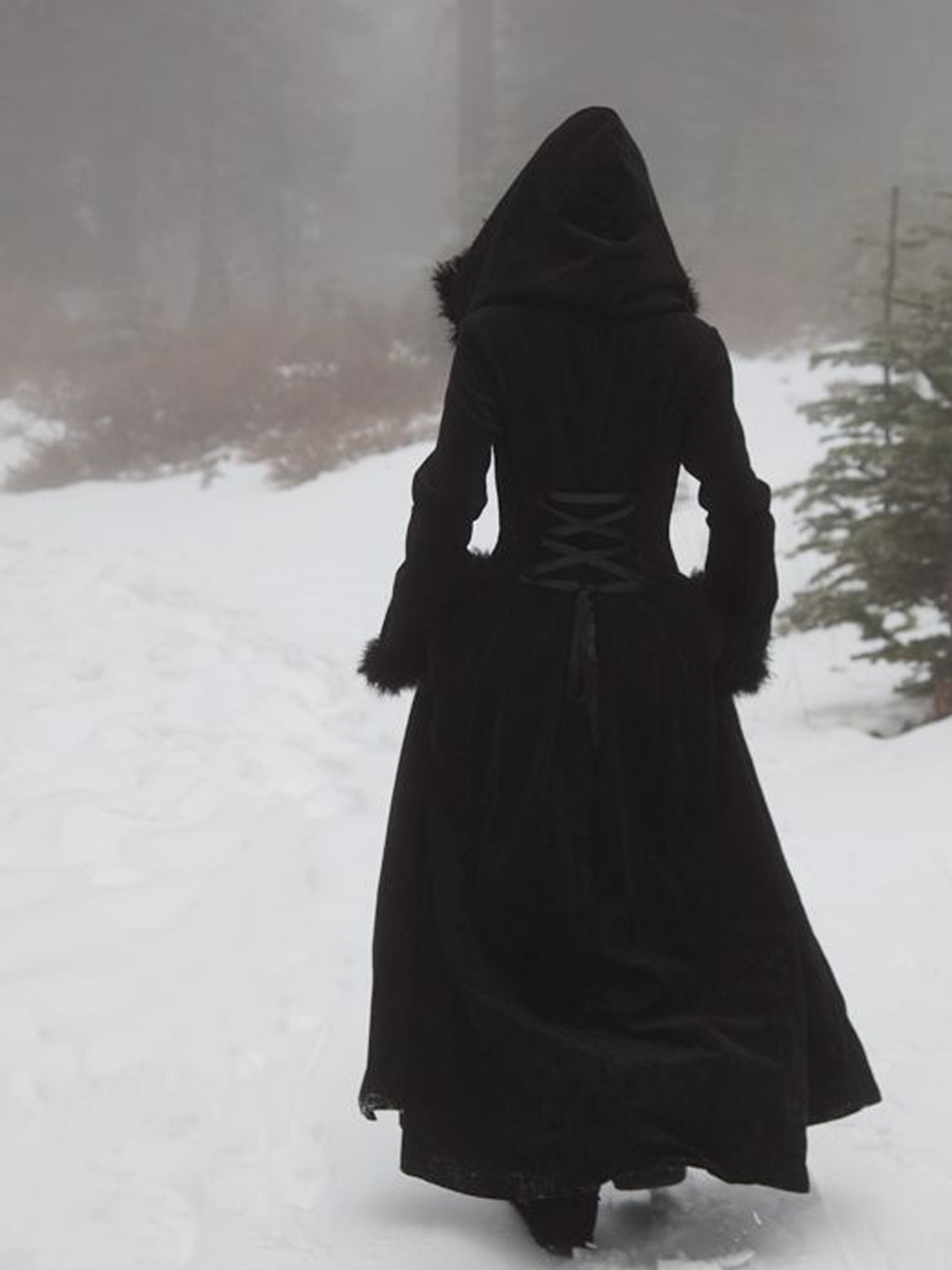 Gothic Retro Fur Collar Hooded Single-Breasted Swing Lace-Up Coat