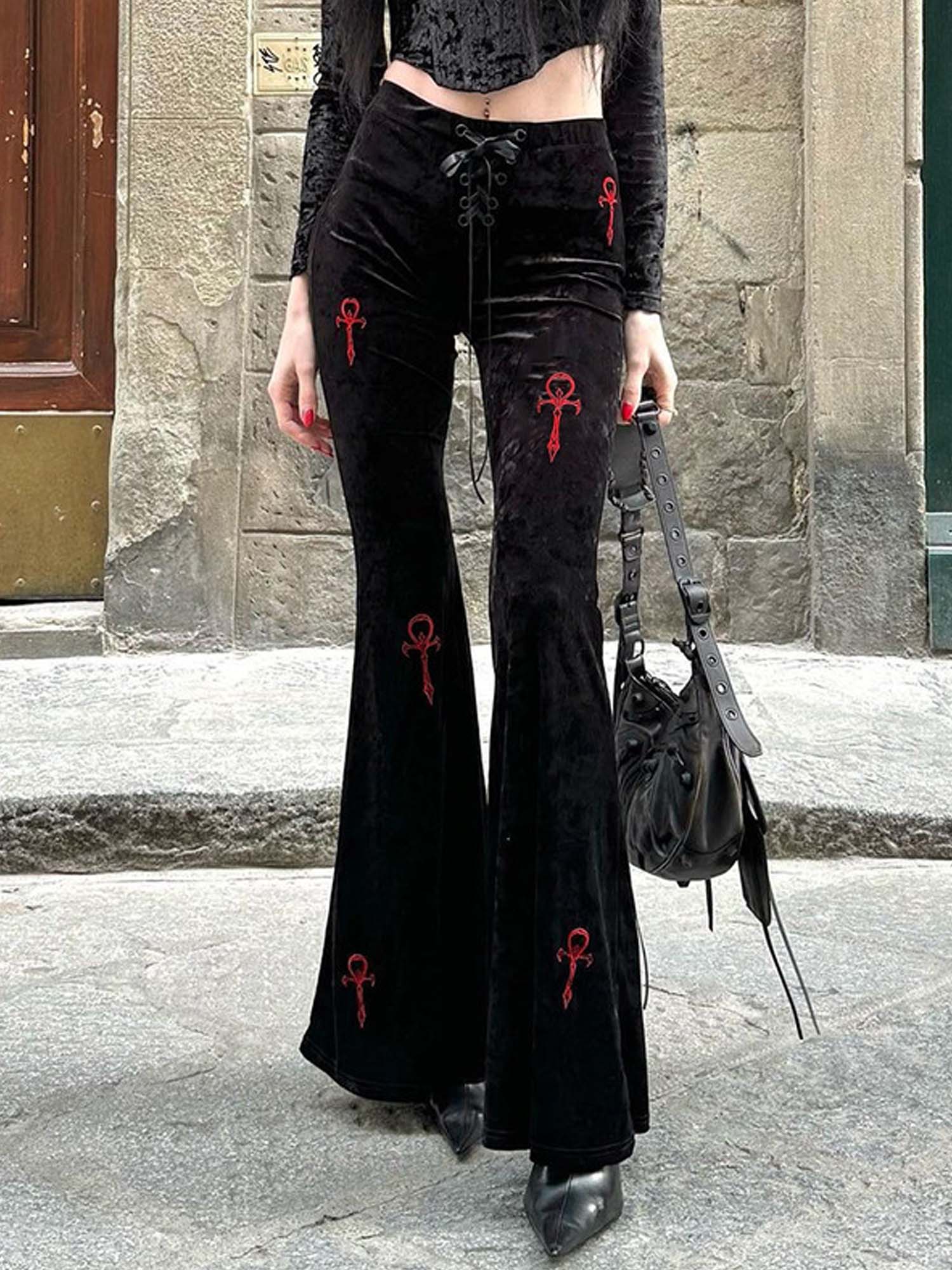 Gothic Cross Embroidered Flared Pants