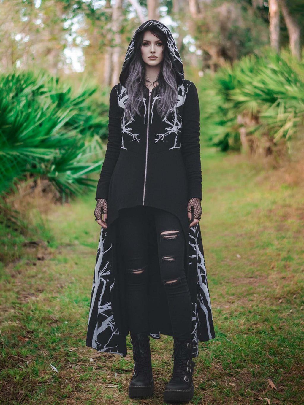 Cape With Hood And Irregular Hem Print Long-Sleeved Coat