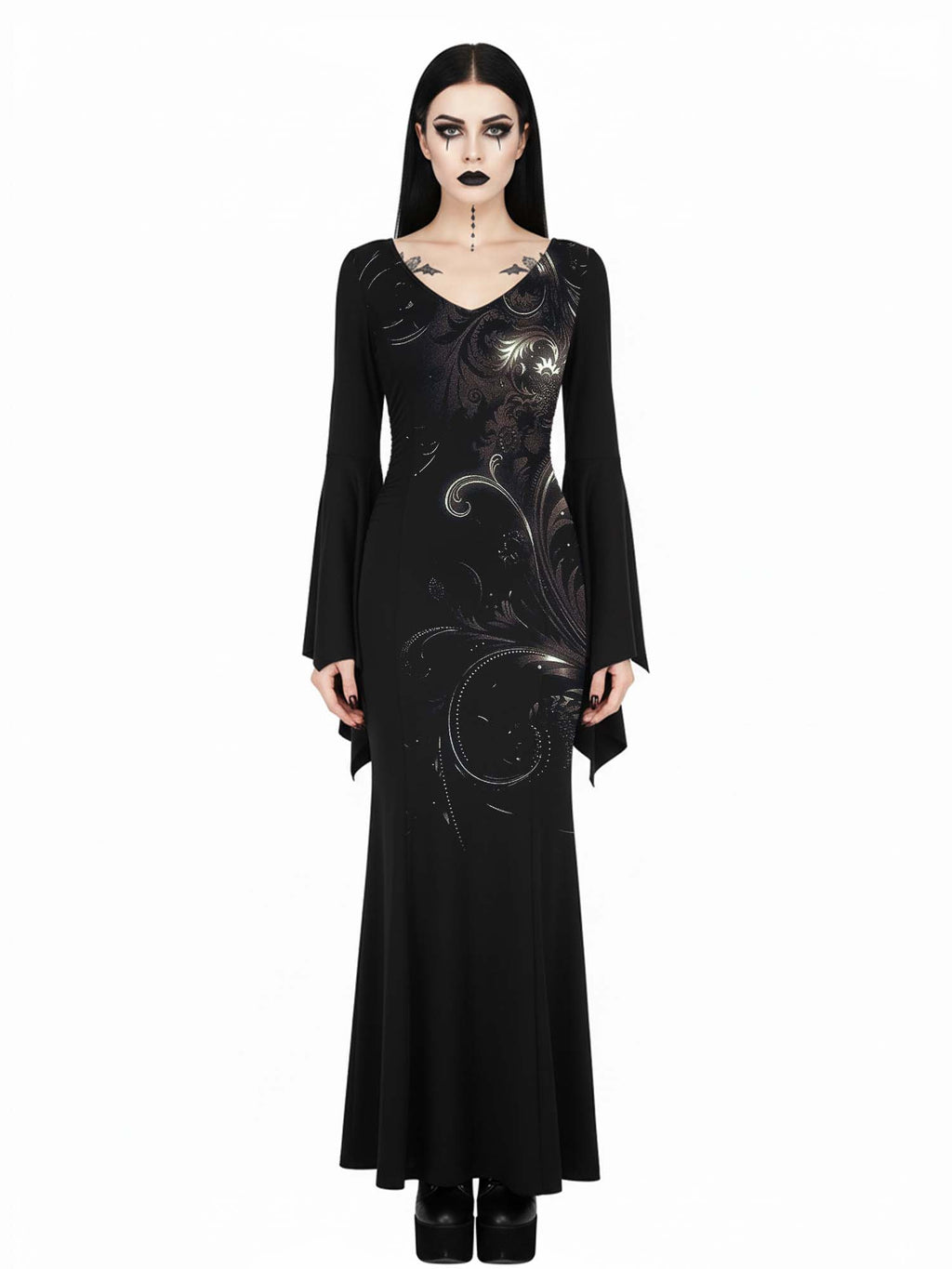 Gothic Vintage Print Batwing Maxi Dress