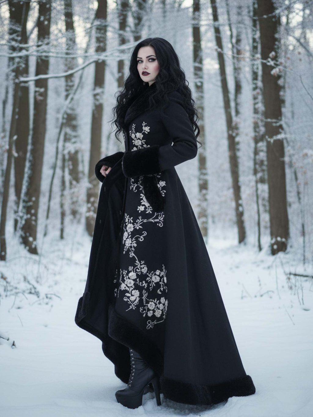 Einreihiger Mantel mit Schnürung und Gothic-Vintage-Pelzkragen im Blumendruck