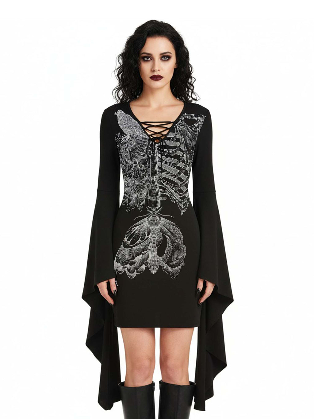 X-Ray Skull And Bird Print Batwing Dress