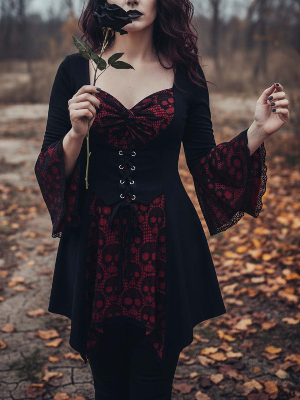 Halloween Lace Skull-Print Strappy Button-Up Bell-Sleeve Mini Dress
