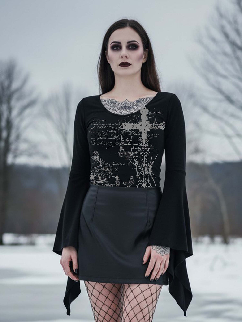 Cross And Rose Print Batwing Shirt