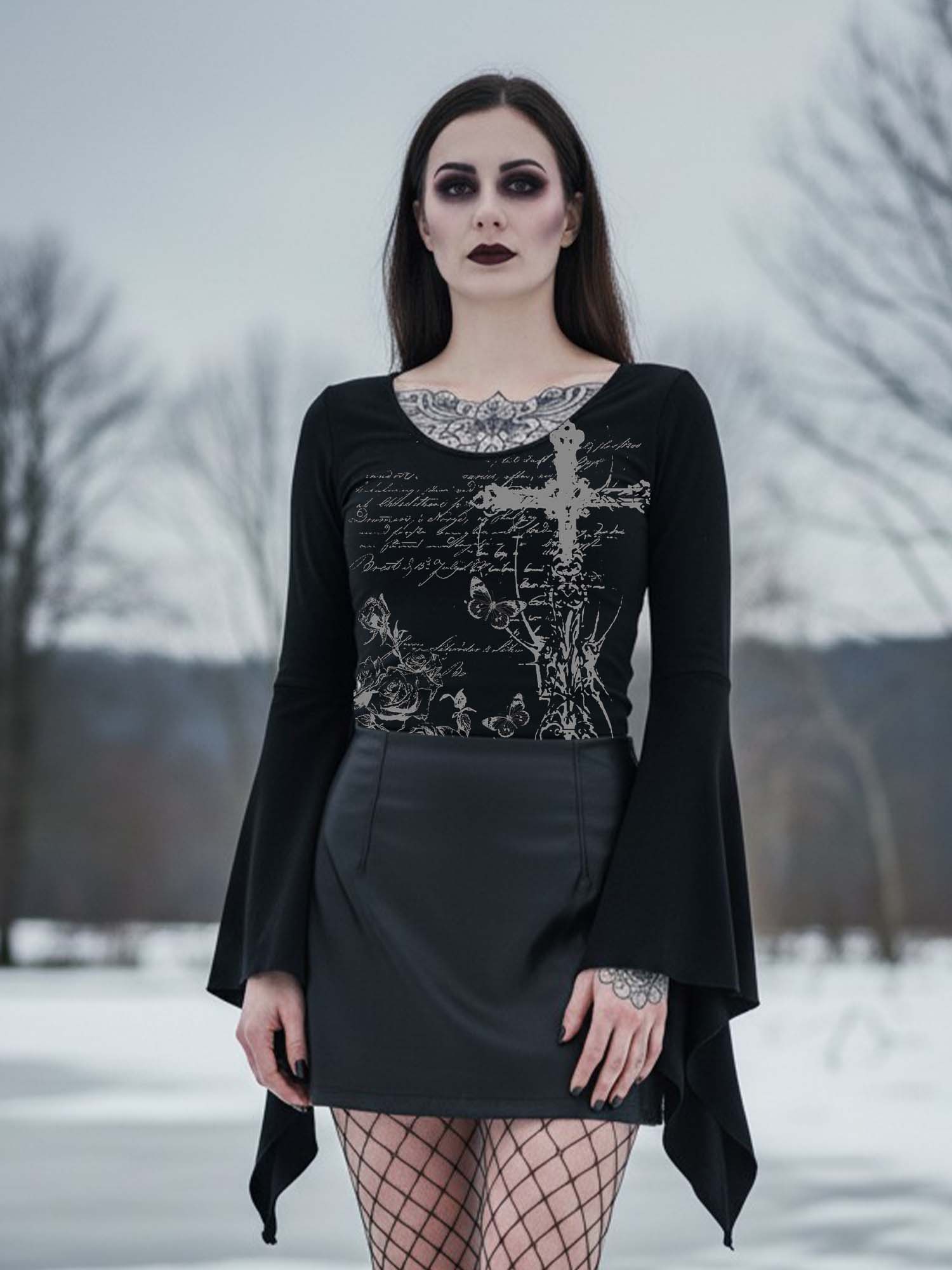 Cross And Rose Print Batwing Shirt