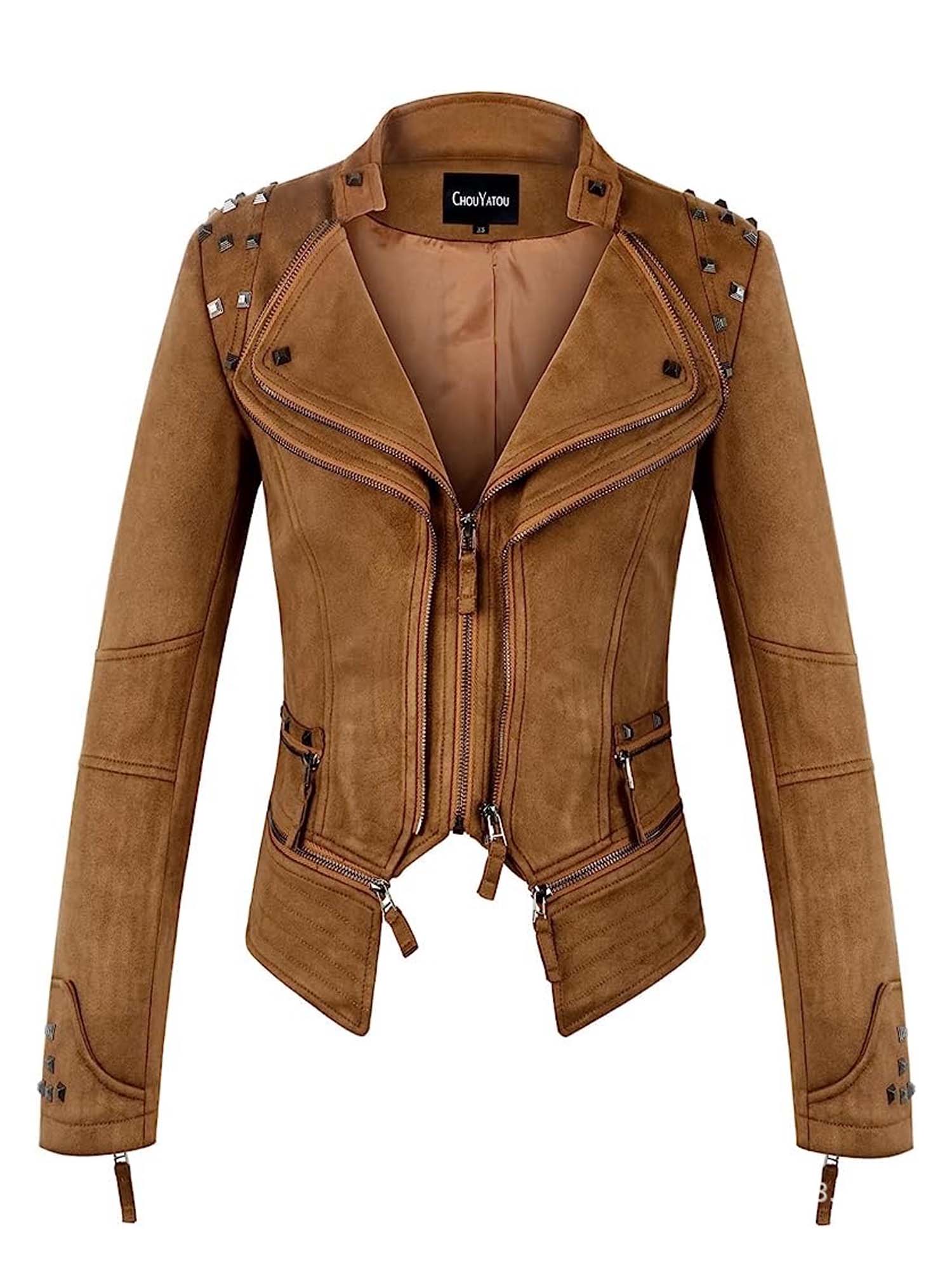 Kurze, gewaschene Lederjacke mit Nietenbund