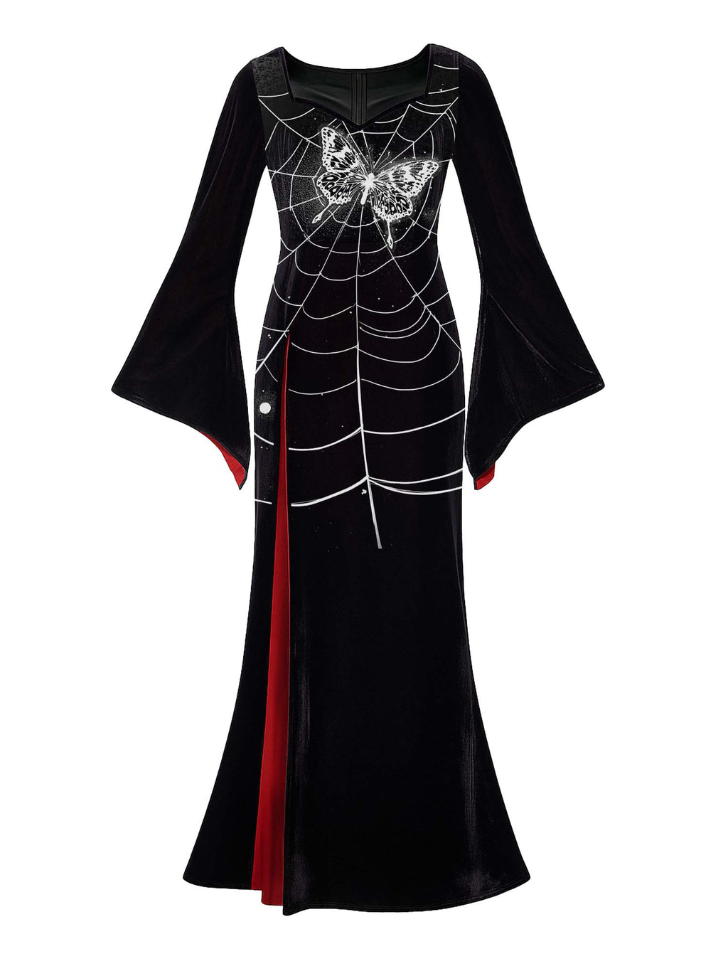 Maxikleid mit Fledermausärmeln und Spinnennetz- und Schmetterlingsmuster