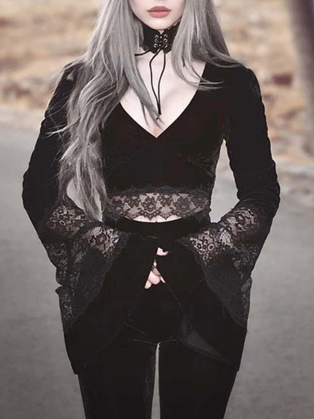 V-Neck Dark Lace Paneled Flared Sleeve Top