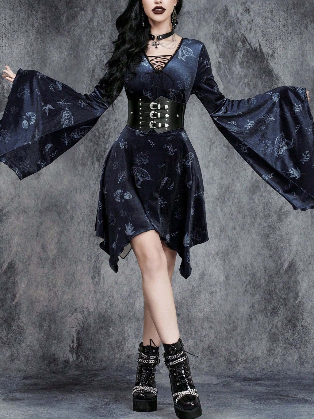 Gothic Halloween Print Tie-Strap Trumpet Sleeve V-Neck Dress
