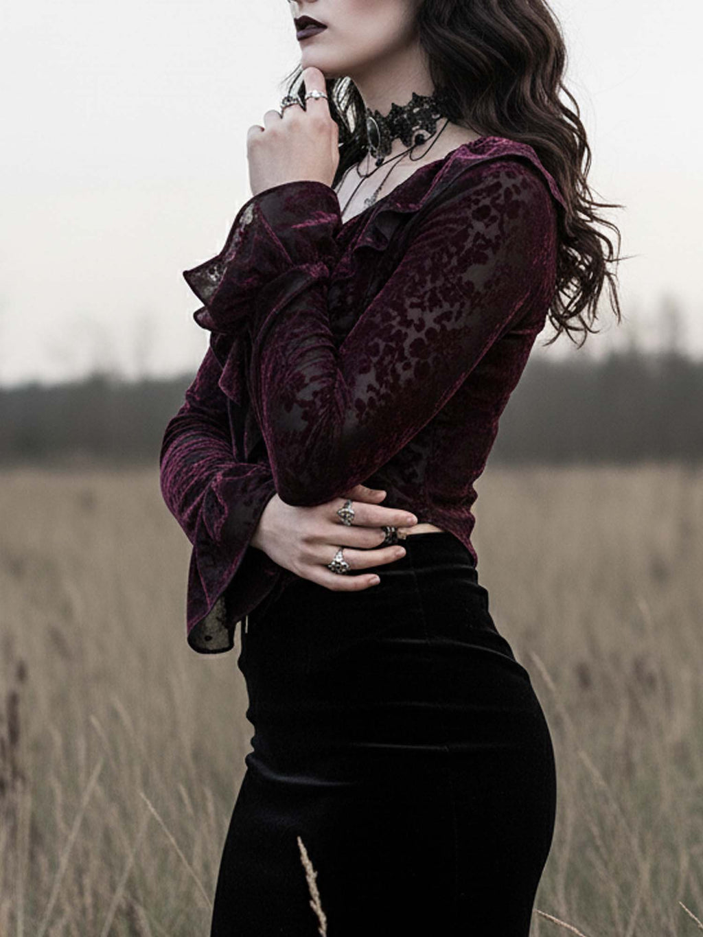 Gothic Ruffled V-Neck Long-Sleeved Top