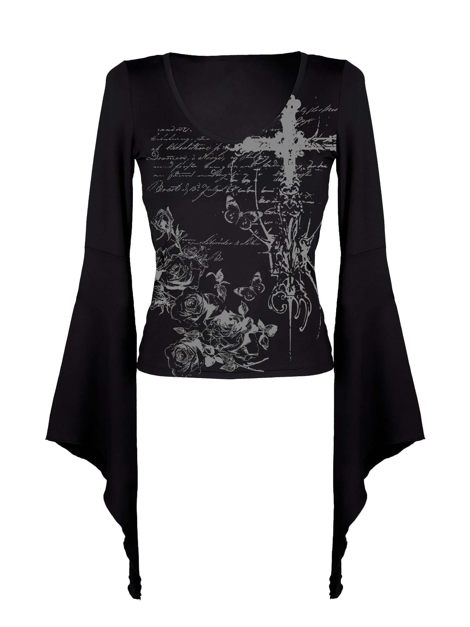 Fledermausärmel-Shirt mit Kreuz- und Rosen-Print 