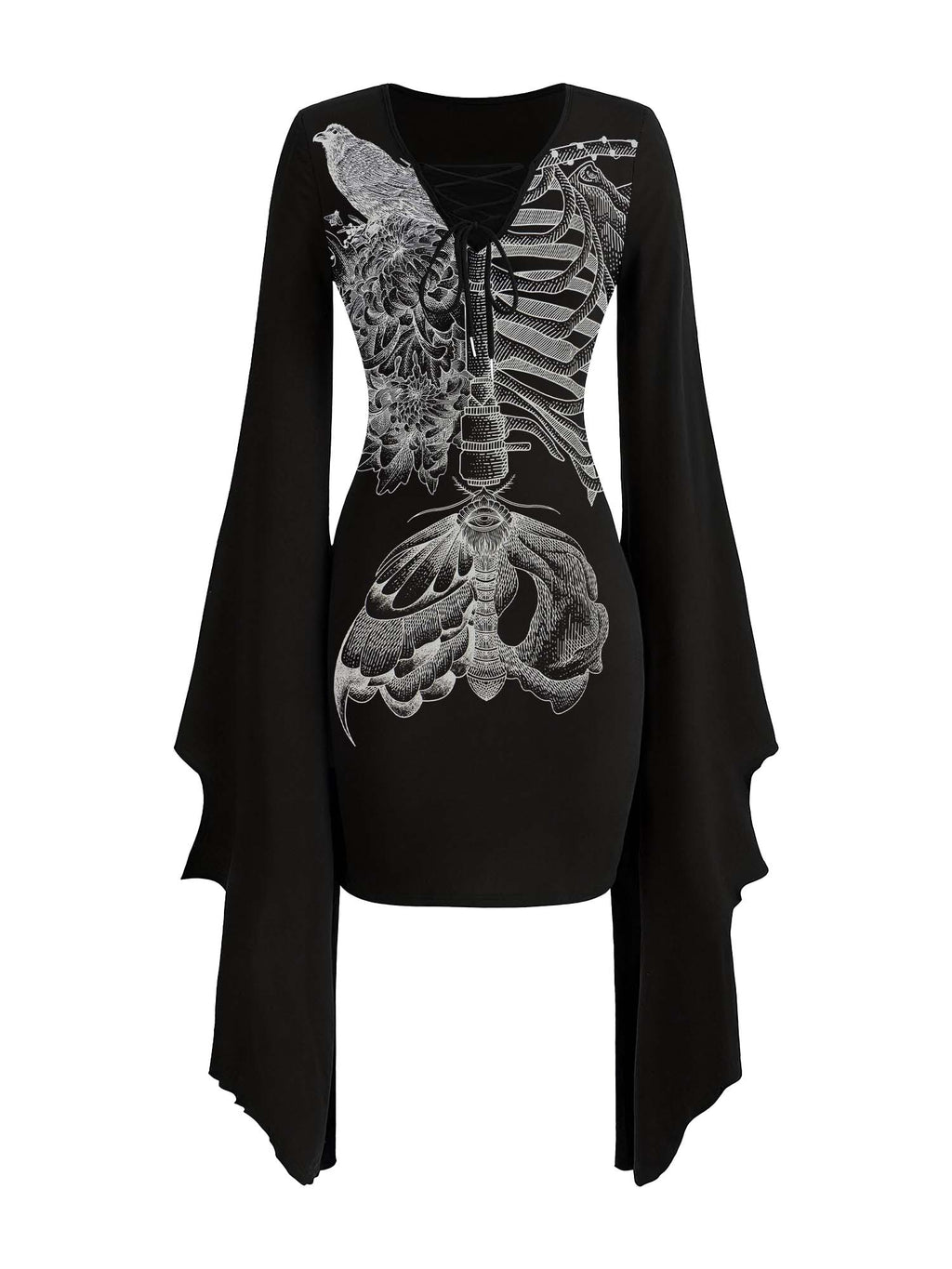 Fledermauskleid mit Röntgen-Totenkopf- und Vogel-Print