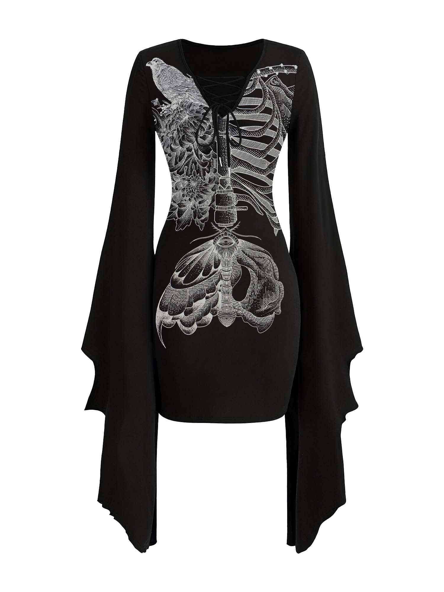 Fledermauskleid mit Röntgen-Totenkopf- und Vogel-Print