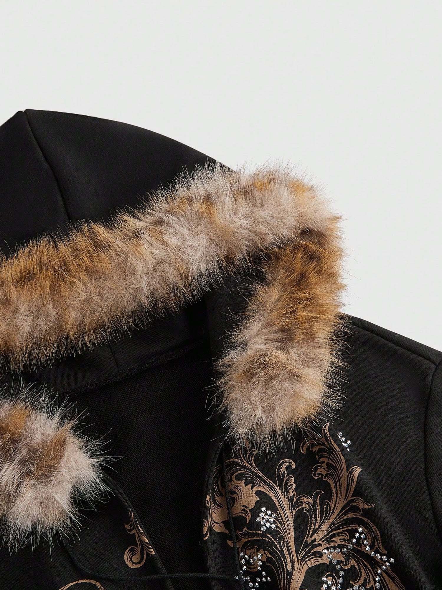 Gothic Vintage Faux Fur Collar Waist-Cinched Hoodie Jacket