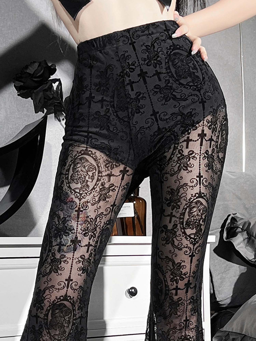 Dark Slim Lace Flared Pants