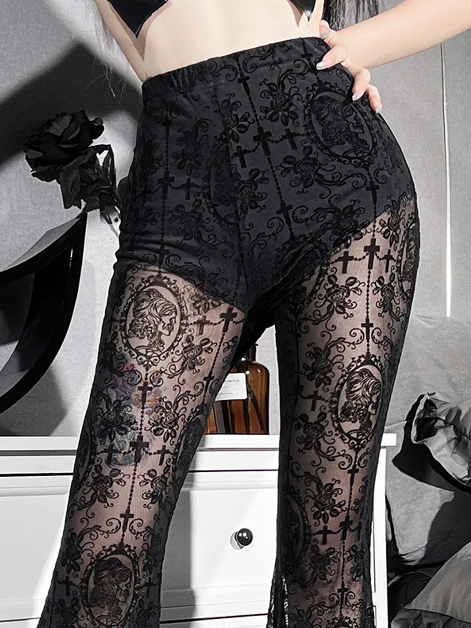 Dark Slim Lace Flared Pants