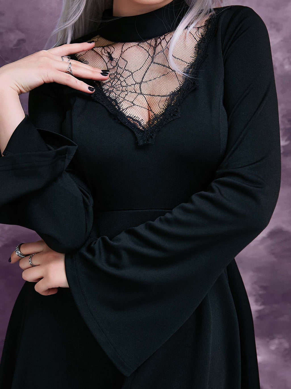 Dark Gothic Spider Web Lace Long Sleeve Dress