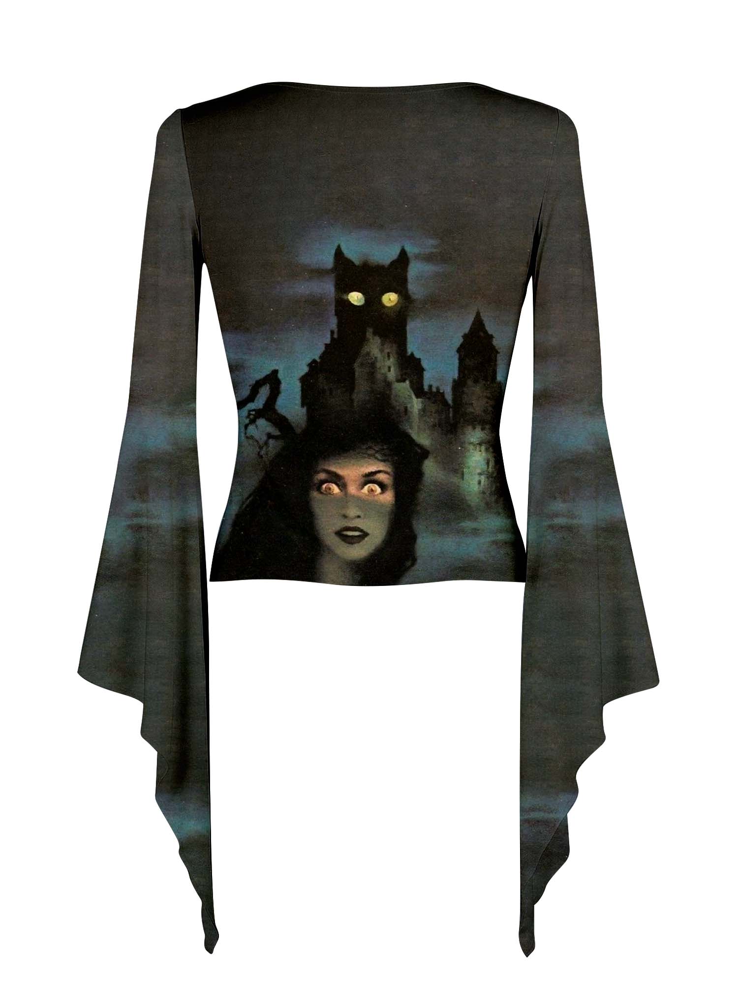Scary Black Cat Print Batwing Shirt