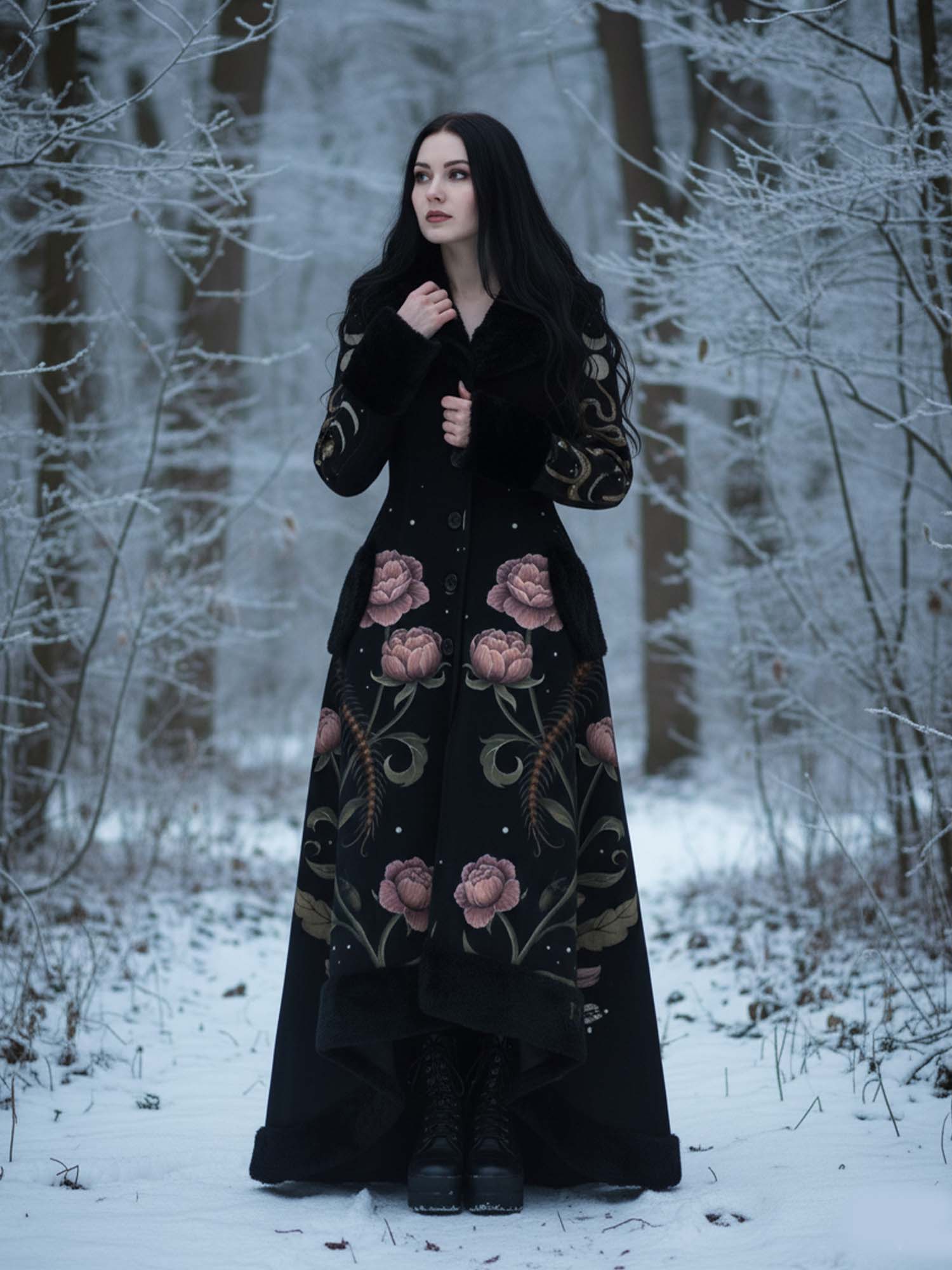 Einreihiger Mantel mit Schnürung und floralem Tausendfüßler- und Schlangenmuster im Gothic-Vintage-Stil mit Pelzkragen