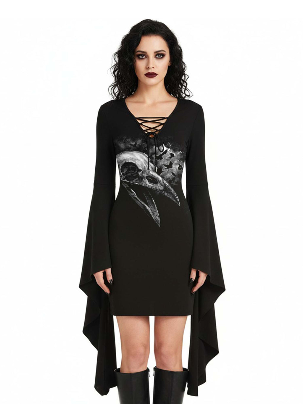 Midnight Crow Print Batwing Dress