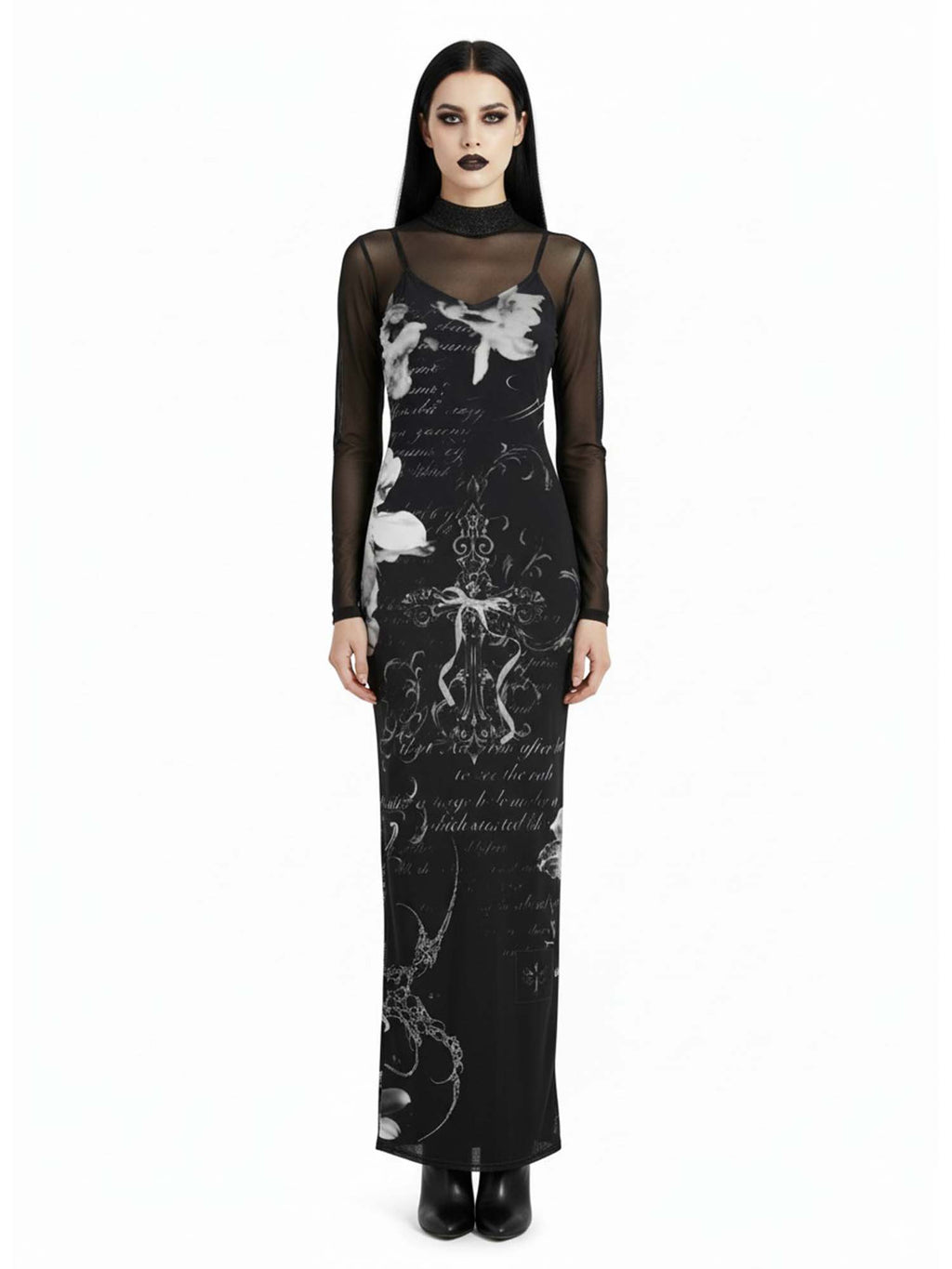 Gothic Cross And Flower Print Maxi Veilbound Dress