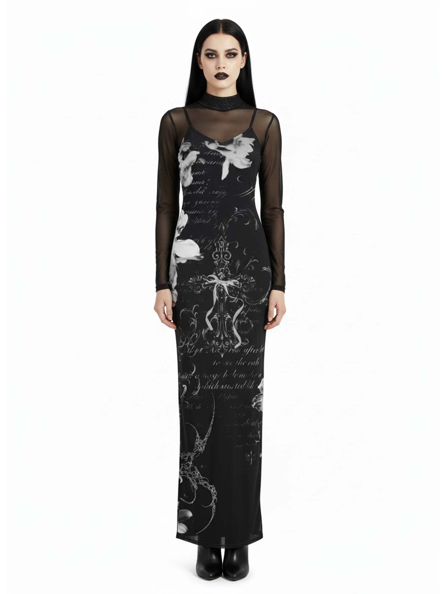 Gothic Cross And Flower Print Maxi Veilbound Dress