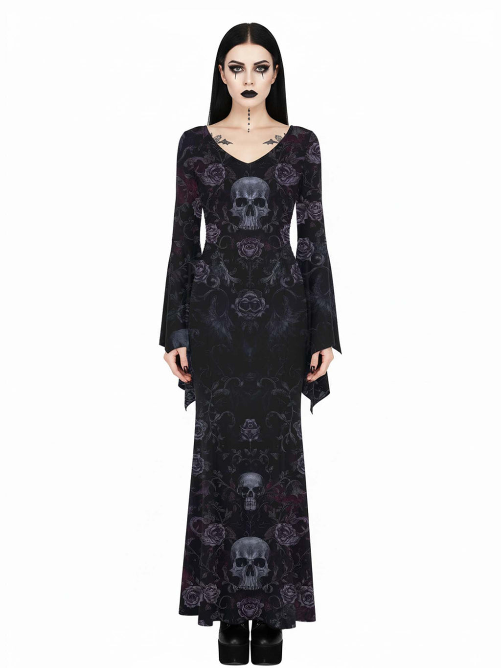 Gothic Skull And Flower Print Batwing Maxi Dress