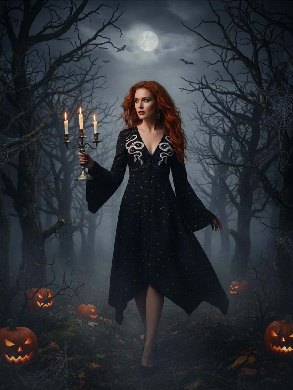 Two-Headed Snake Under The Stars Print Midi Moonveil Dress