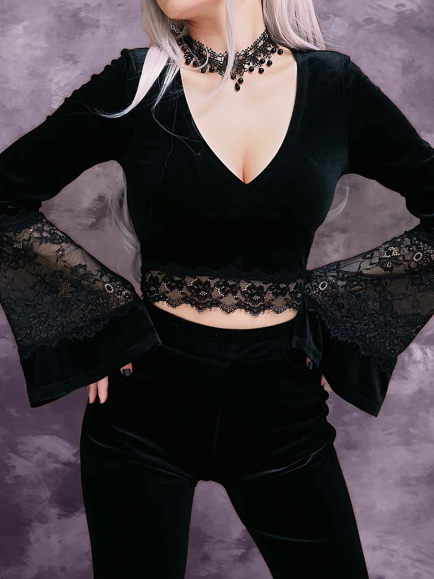 V-Neck Dark Lace Paneled Flared Sleeve Top