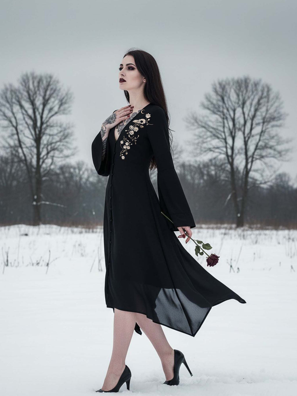 Crow Skull Print Midi Moonveil Dress