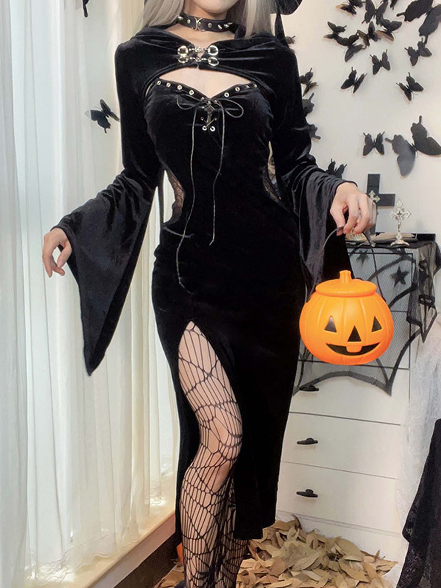 Gothic Halloween Dark Hooded Trumpet Sleeve Spider Web Dress Two-Piece Suit