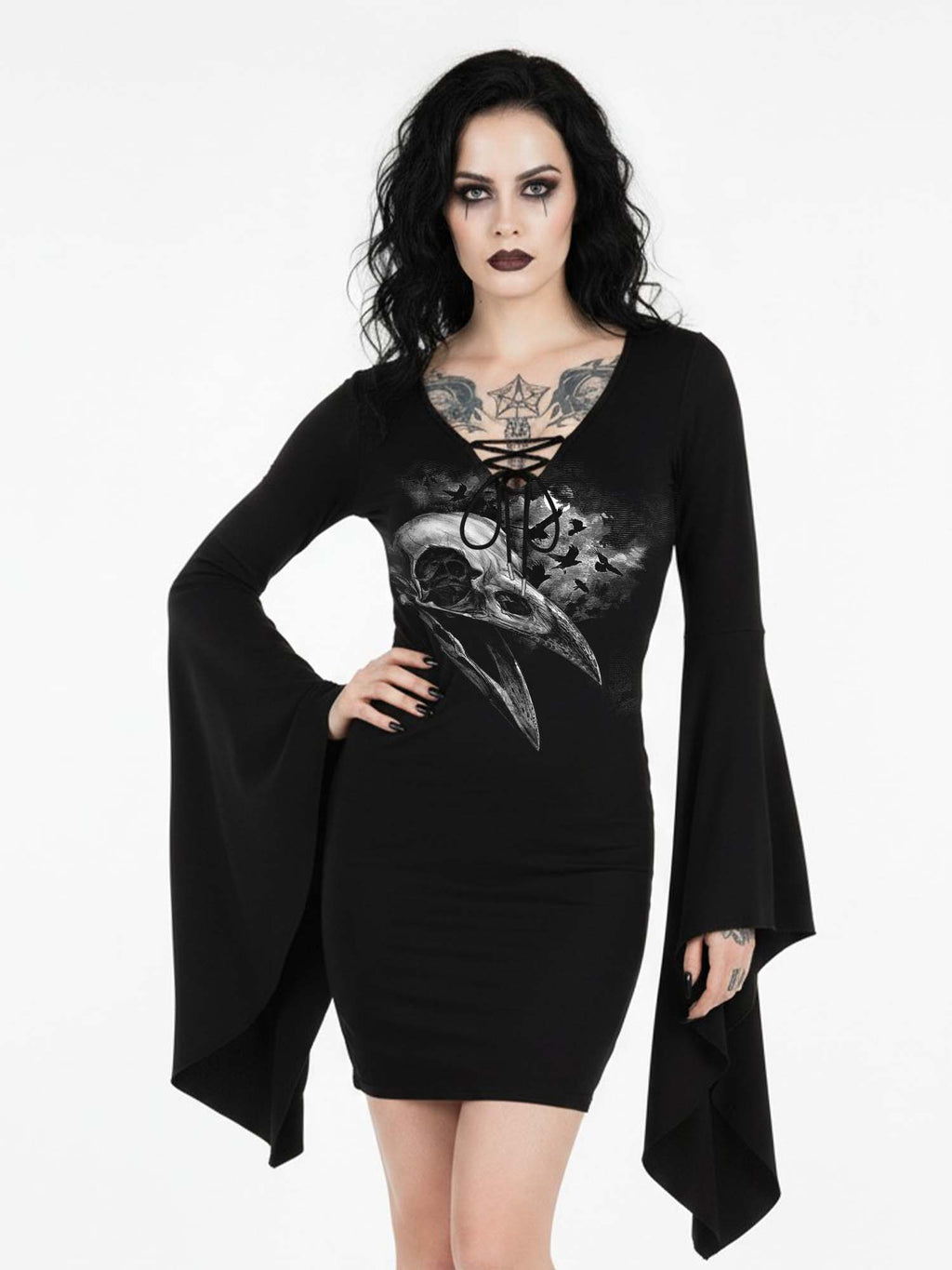 Midnight Crow Print Batwing Dress