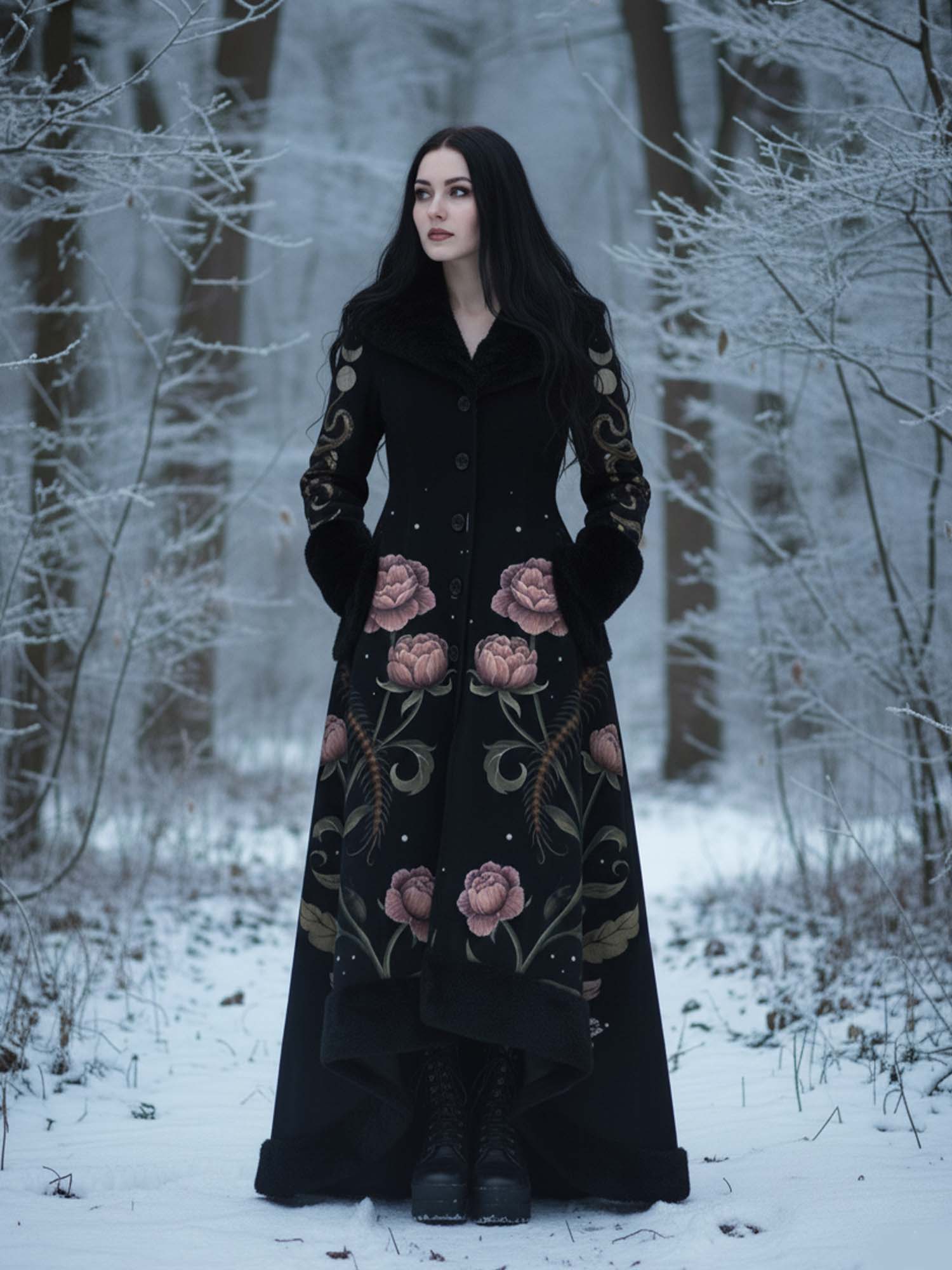 Floral Centipede And Snake Print Gothic Vintage Fur Collar Single-Breasted Lace-Up Coat