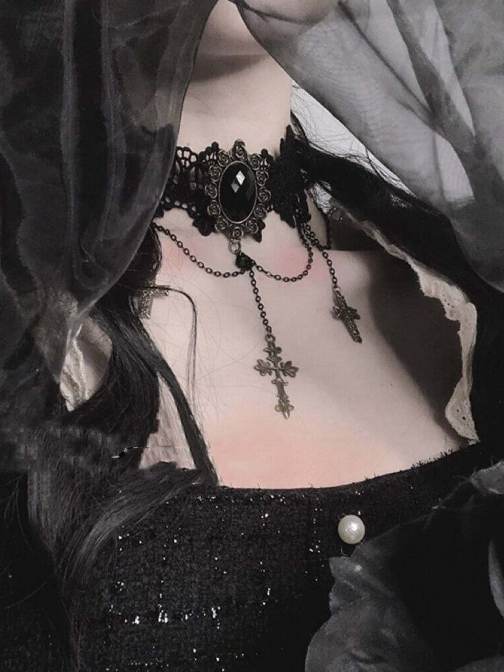 Gothic Dark Lace Cross Choker