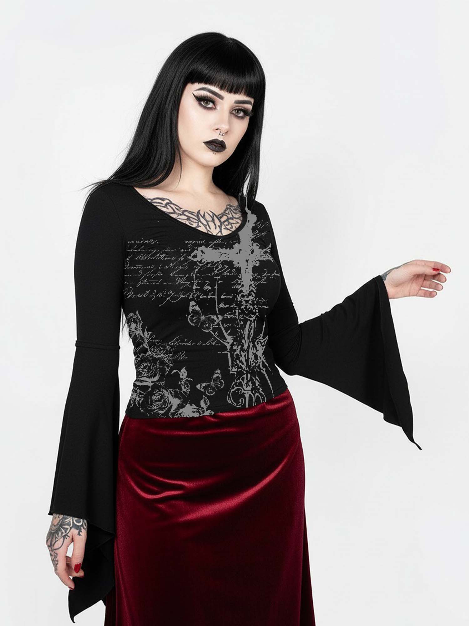 Cross And Rose Print Batwing Shirt