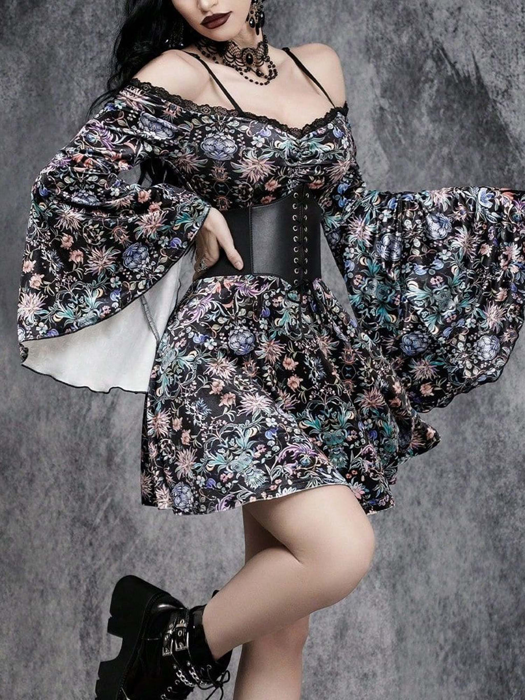 Dark Strapless Bell Sleeve Floral Print Dress