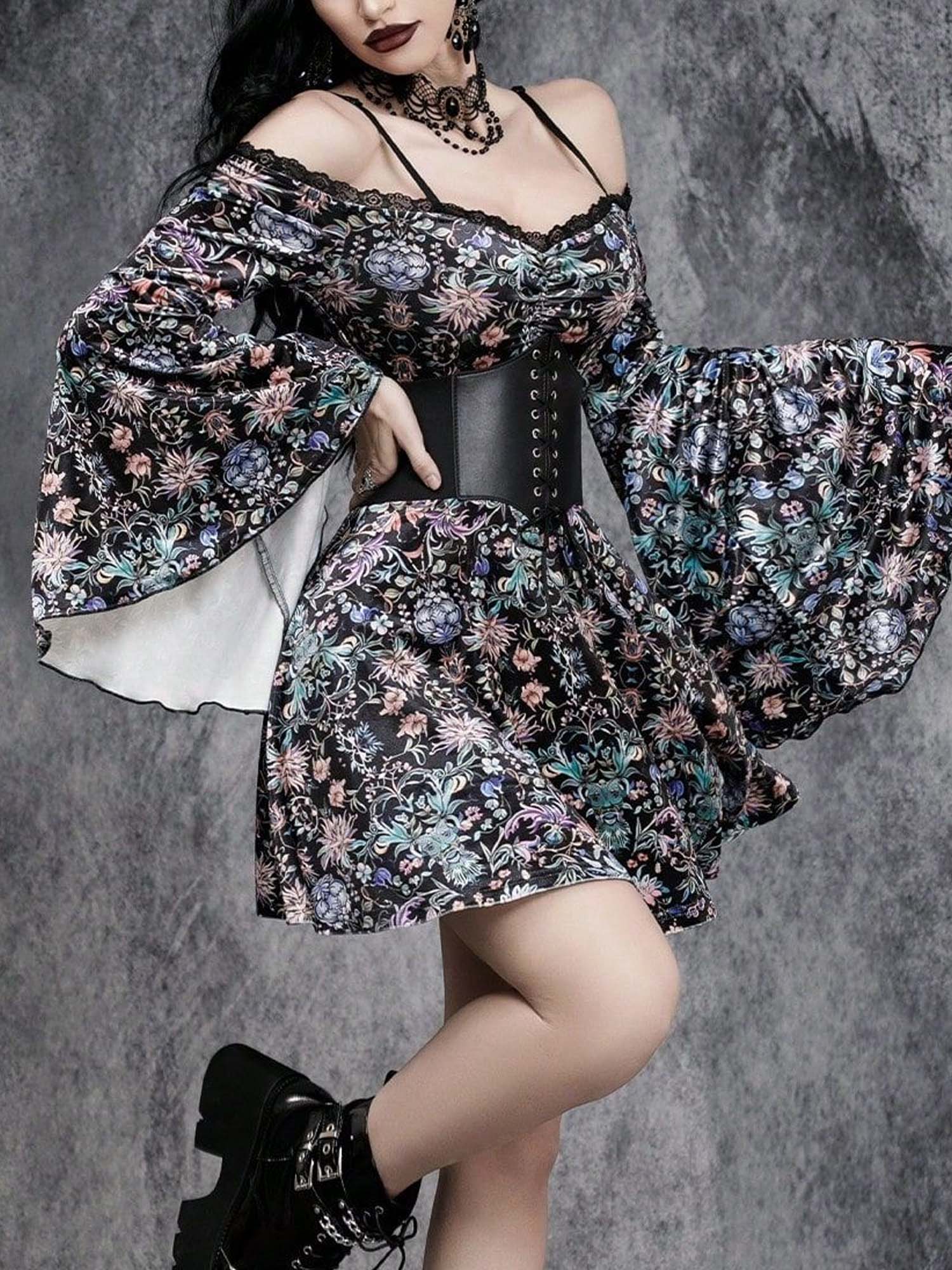 Dark Strapless Bell Sleeve Floral Print Dress