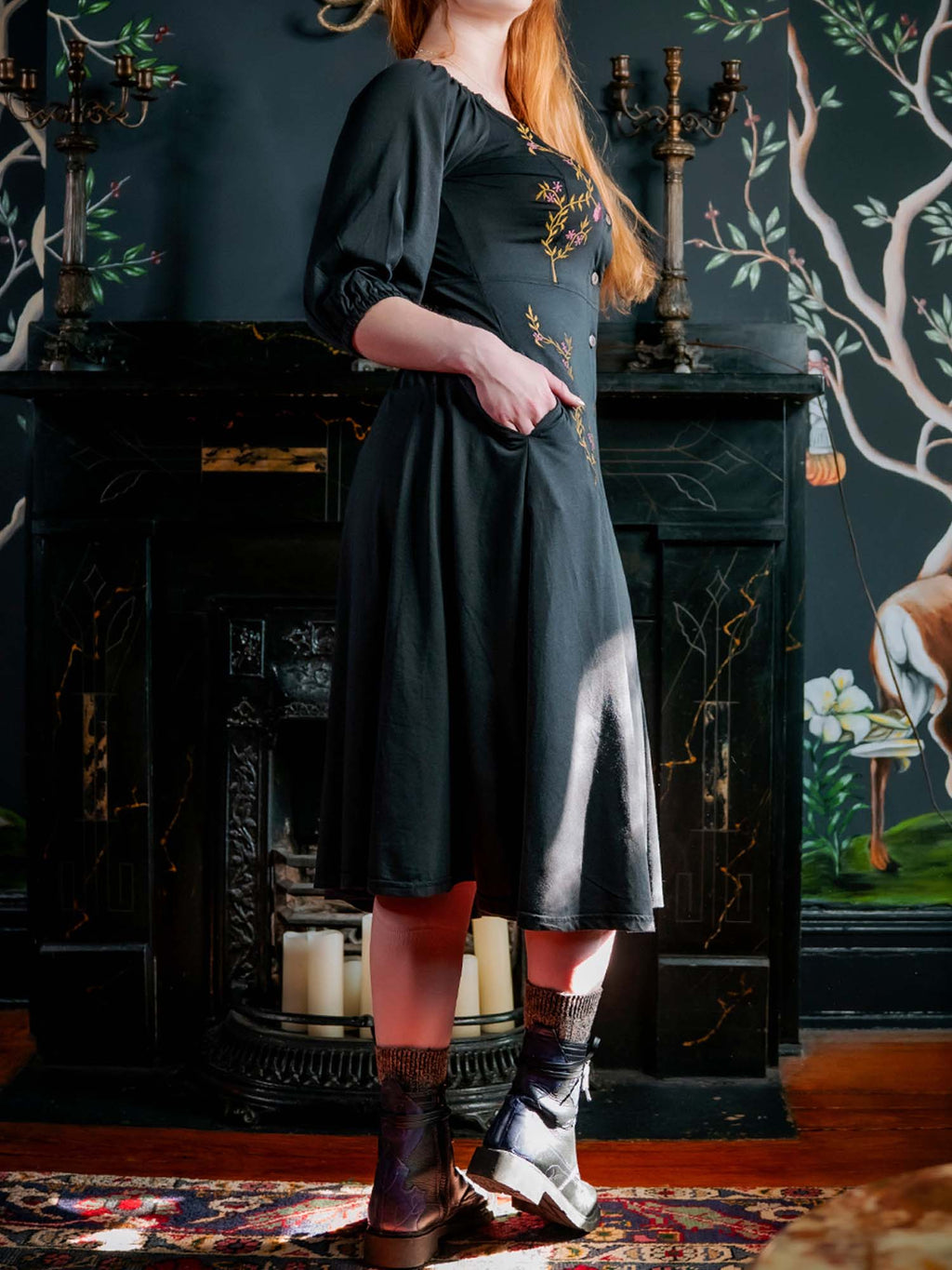 Mums Flower Vines With Mid-Length Sleeves V-Neck Dress