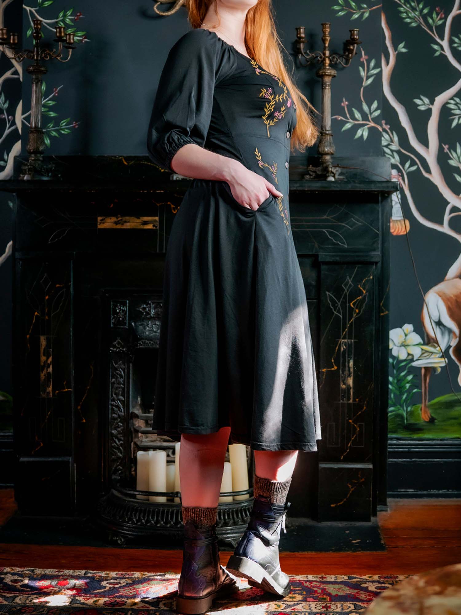 Mums Flower Vines With Mid-Length Sleeves V-Neck Dress